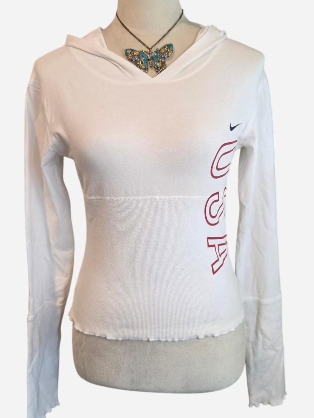 Nike Y2K Women's White USA Team Hooded Long-Sleeve Top with Lettuce Hem M